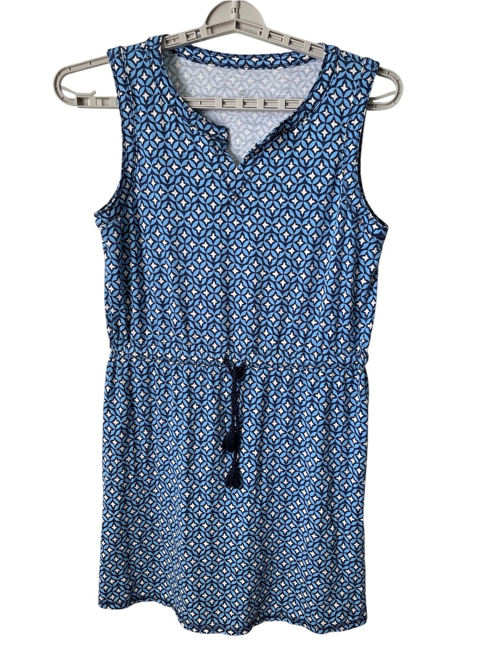 T By Talbots Sleeveless Split Neck Dress Blue Drawstring Geometric Size LP